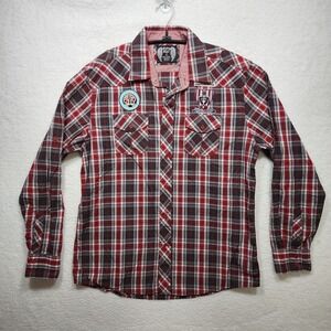 Eighty Eight Mens XL Plaid Button Down Shirt Manchester Football Club Patches